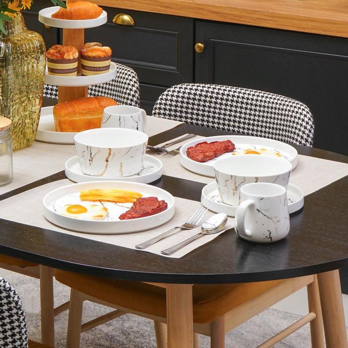 [WAKULLA] Appetite Set 16 Pcs Abbey Perlengkapan Makan Marble - Putih Peralatan Makan Piring Mangkok