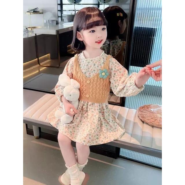 Dress Cantik Korean Style Anak Cewek Lengan Panjang / Dress Import Terbaru Vest Rajut Nyatu Usia