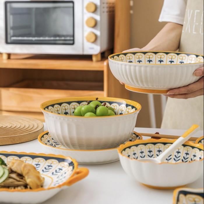 Piring Keramik Yelo A Peralatan Makan Keramik Mewah Motif Bunga Biru Kuning Piring Mangkok, Dan