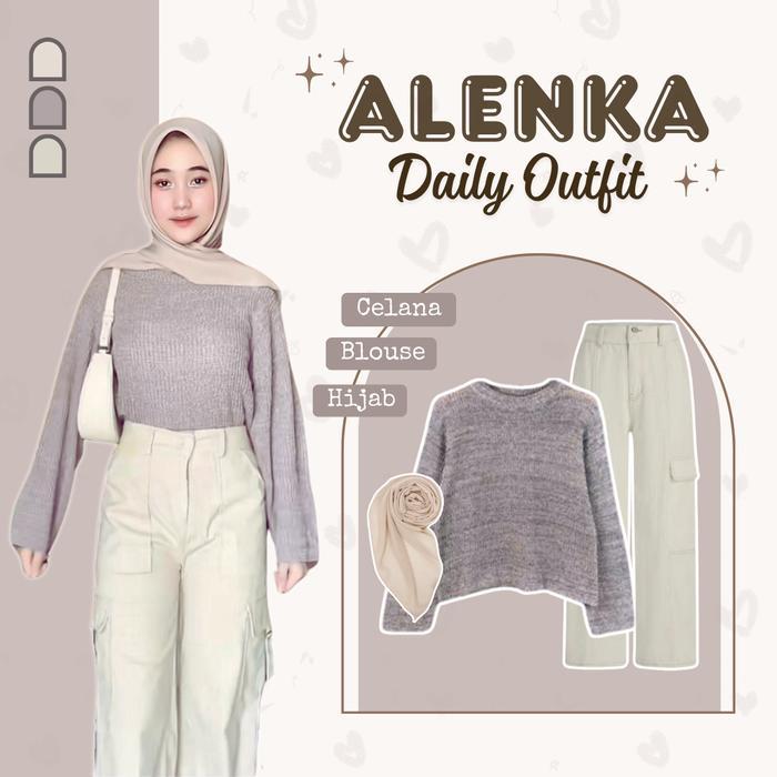 Ini Murah Outfit One Set Wanita (Sweater Rajut - Celana Cargo - Hijab Bella Square) Ootd Hijab