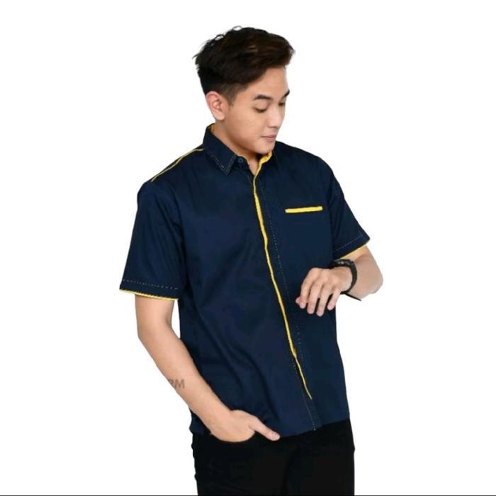 Promo Kemeja Pria Wanita Navy Lis Kuning Tangan Panjang Pendek Seragam Baju Dewasa Kerah Terjamin