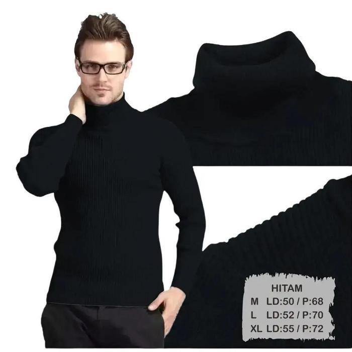 Liso Wear - Kaos Kerah Leher Tinggi Turtleneck Pria Lengan Panjang Waffle Baju Polos Hitam