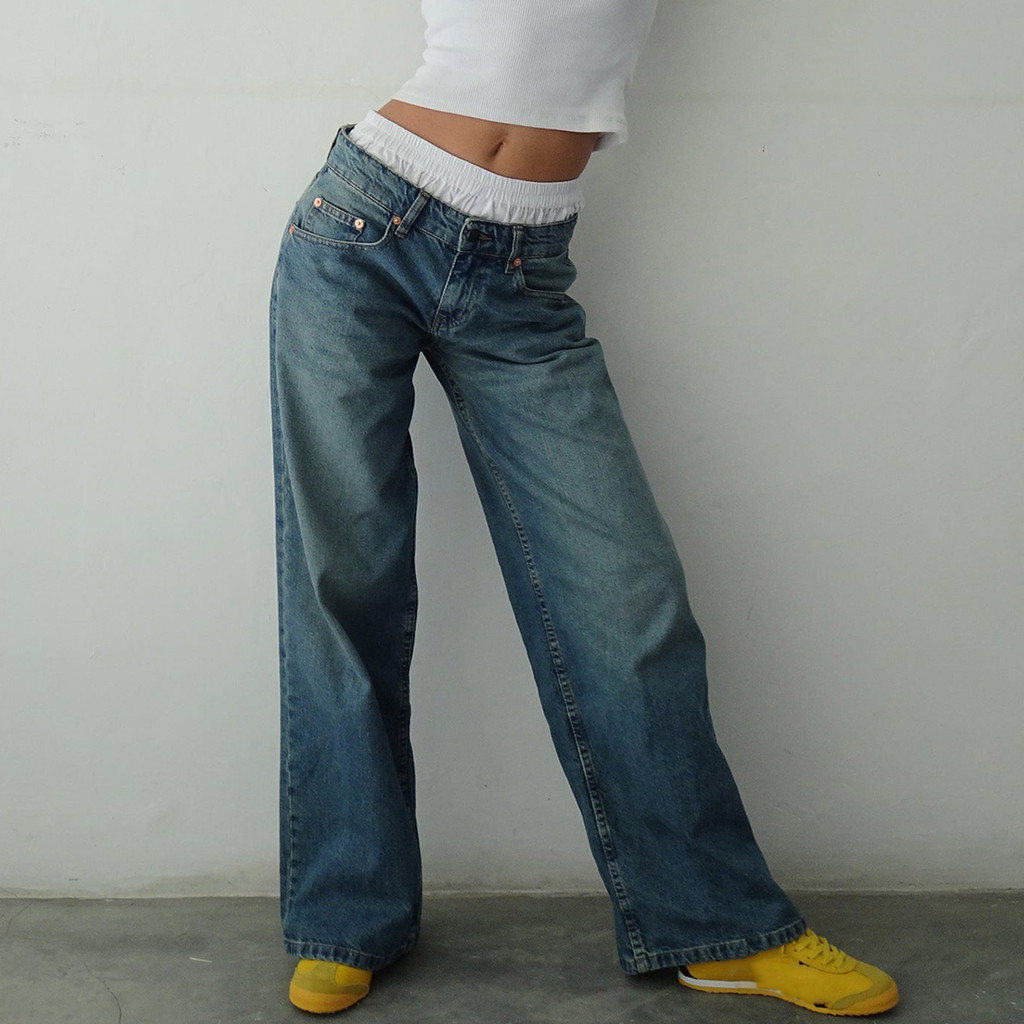 Y2K Baggy Jeans for Women Trendy Low Rise Casual Straight Leg Boyfriend Jeans Denim Pants with