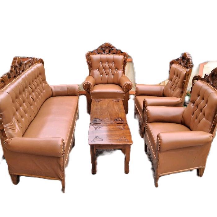 Sofa Gajah Kulit Asli Desain Elegan dengan Kursi dan Meja Tengah Cocok untuk Ruang Tamu Mewah