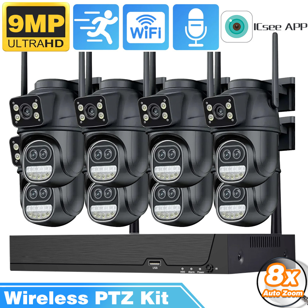 8CH Wireless NVR 9MP WIFI IP Camera System Set Two Way Audio PTZ Three Lens CCTV Wireless Video