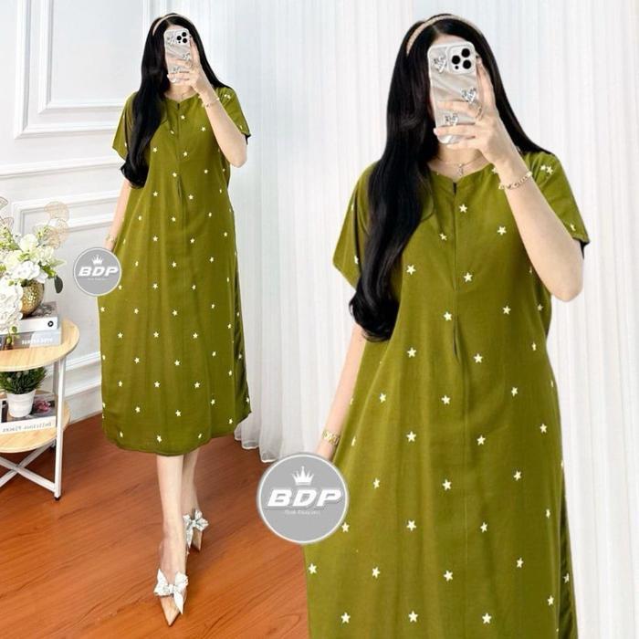 Daster Rayon Wanita Harian Santai Motif Polkadot Bintang Busui Resleting Depan Ld 110 Dress Panjang