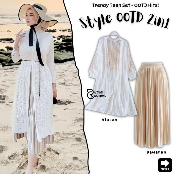 Ootd One Set Pantai Viral Long Outer Cardigan, Rok Plisket Premium, Topi Pantai Dewasa Rajut
