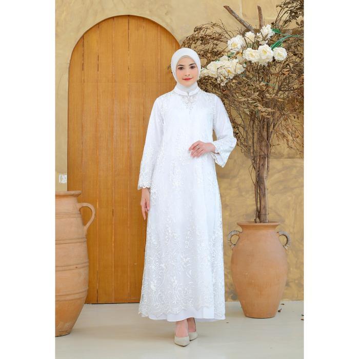 Gamis Mosleem Putih Lebaran 2025 Brukat Premium Elegance Detail Payet By Brilliant Girl