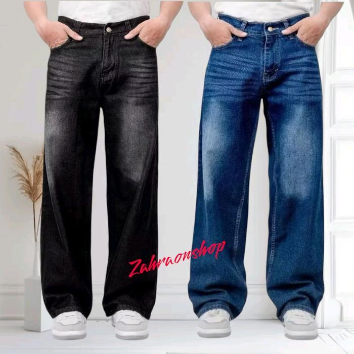 Ready Celana Jeans Wide Leg Baggy Loose Pants Oversize Vintage Gombrong Skena Denim Basic Cowok