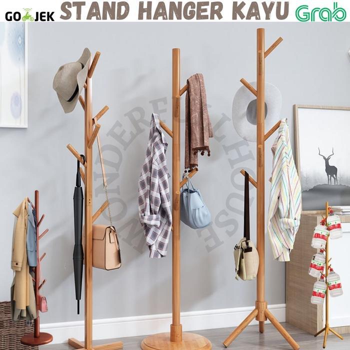 Standing Hanger Kayu Gantungan Baju Topi Tas Serbaguna Gantungan Kayu
