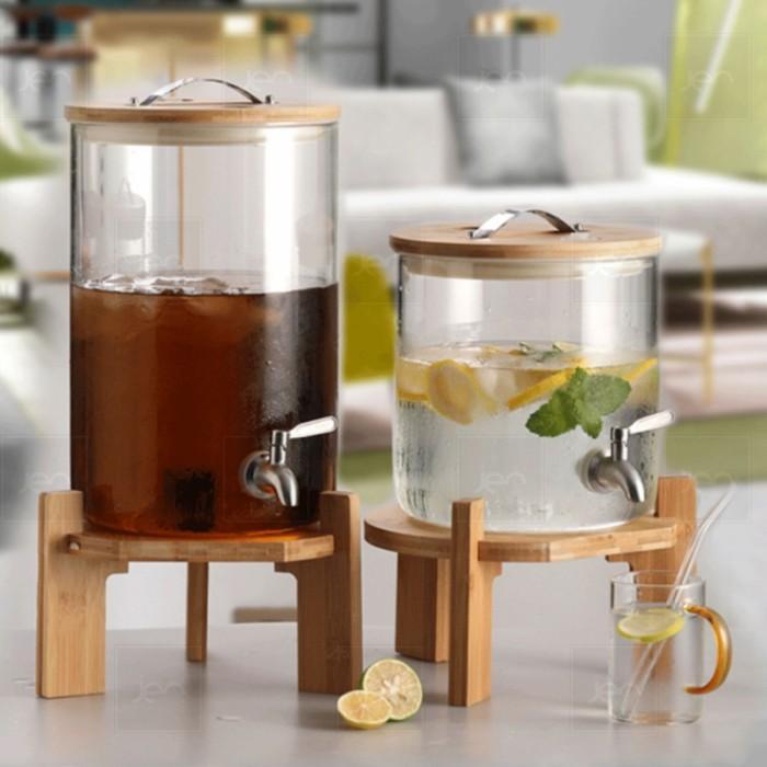 Terlaris, Drinking Jar Dispenser / Toples Keran Air Jus Teh Kaca Kayu Nordic