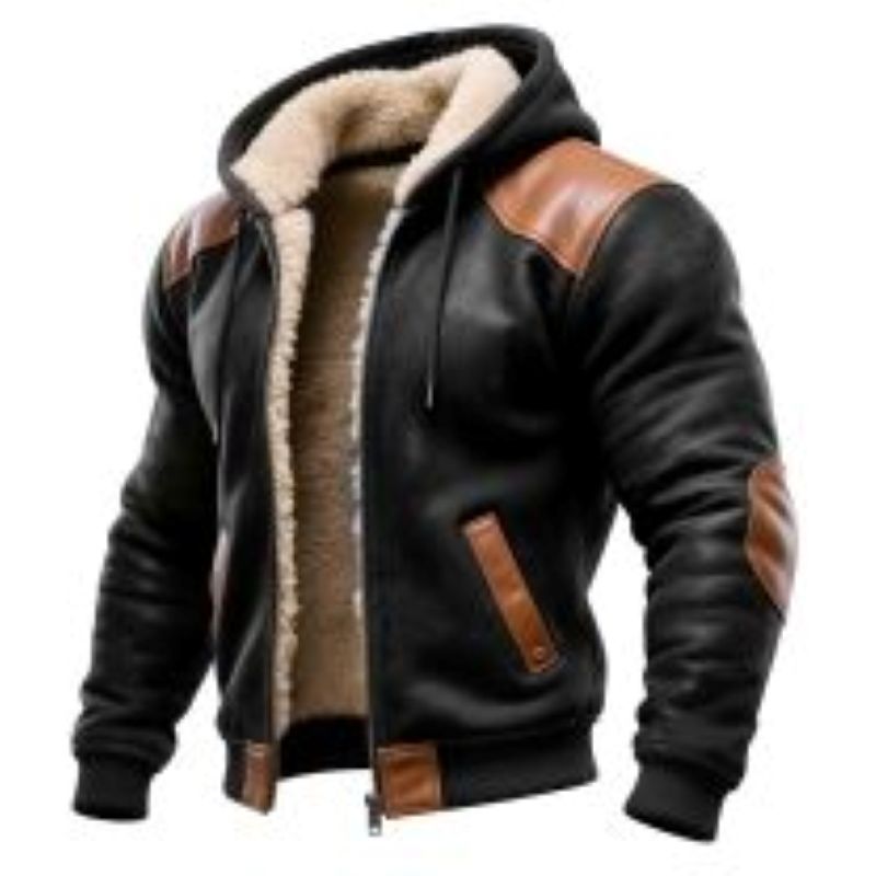 Men'S Vintage Black Contrast Leather Warm Fleece Hooded Jacket