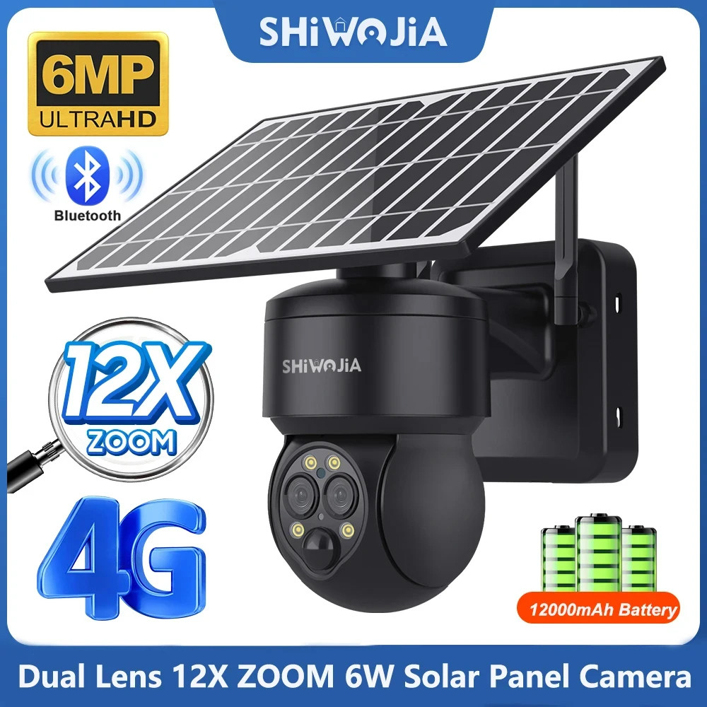 SHIWOJIA 8W 6MP Solar Camera 4G SIM 12X ZOOM WIFI Solar Panel Surveillance Camera Solar Security Cam