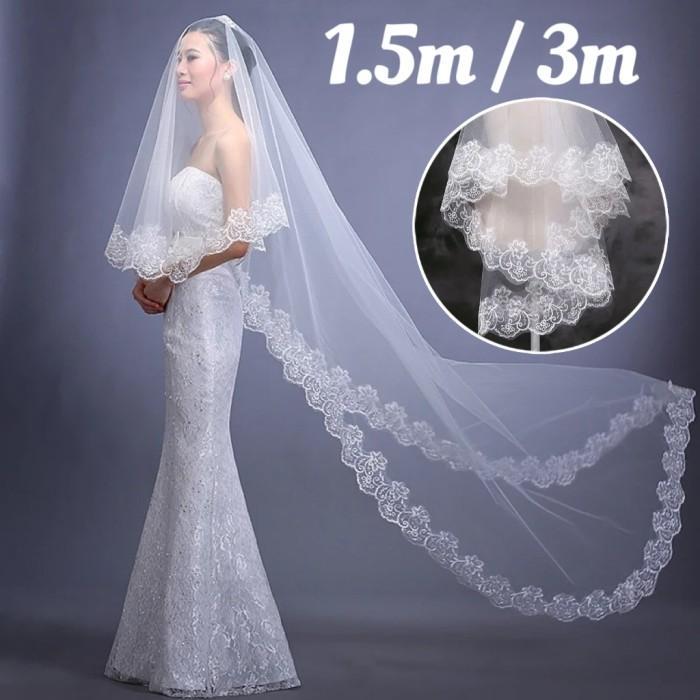 1.5/3m Kerudung Pengantin Panjang Slayer Pengantin Mewah Slayer Pengantin Hijab Veil Putih Veil