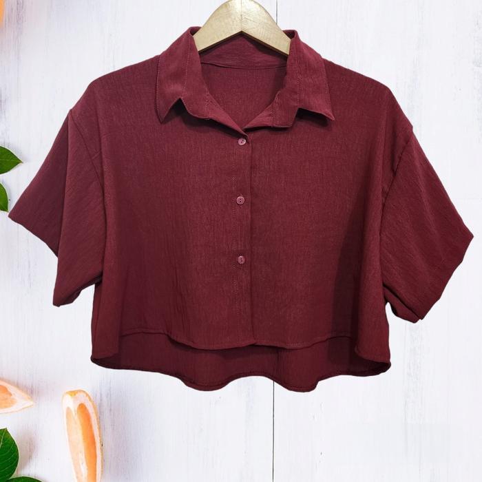Kemeja Cringkle Crop Wanita Atasan Oversize Top Ld120 Tshirt Trendy Busui&Friendly Cod V-Neck Polos