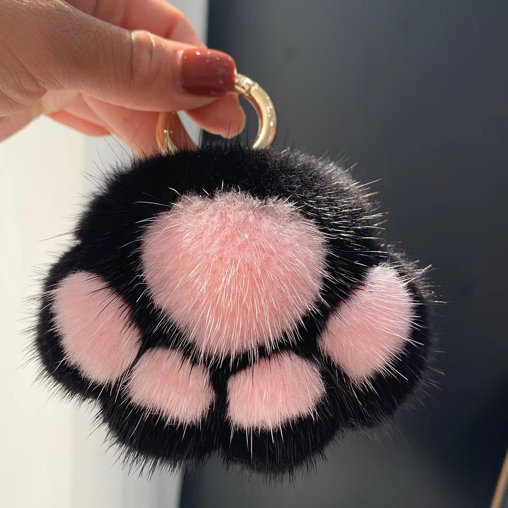 Lovely Fluffy Cat Paw Keychain Mink Fur Hair Charm Fashion Kitten Paw Car Keychain Bag Pendants