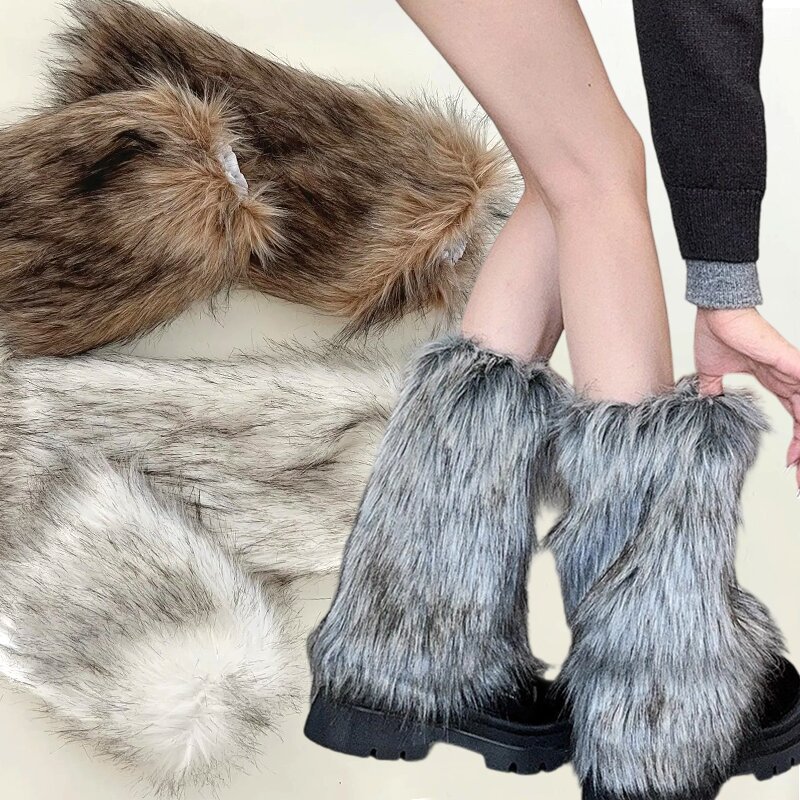 Gray Brown Imitation Wolf Fur Leg Warmers Y2k Girl Winter Warm JK Furry Boots Socks Gothic Punk Jk