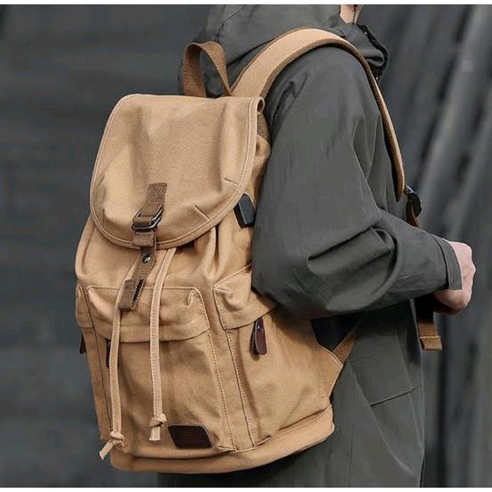Tas Ransel Backpack Kanvas Laptop Sekolah Kerja 14 inch Korea Kekinian Pria Wanita Cewek Cowok