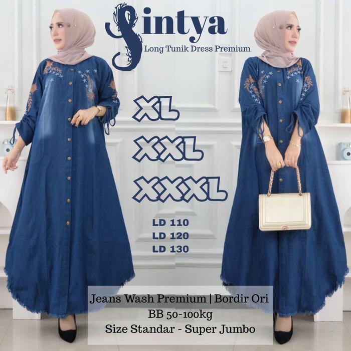 SINTYA LD 110 120 130 JUMBO Pakaian Wanita Muslim Long Tunik Jeans Premium Bordir Atasan Midi Dress