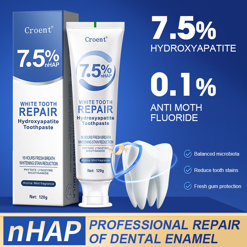 7.5% Hydroxyapatite Whitening Toothpaste, Enamel Repair Stain Removal, Fresh Breath & Sensitive