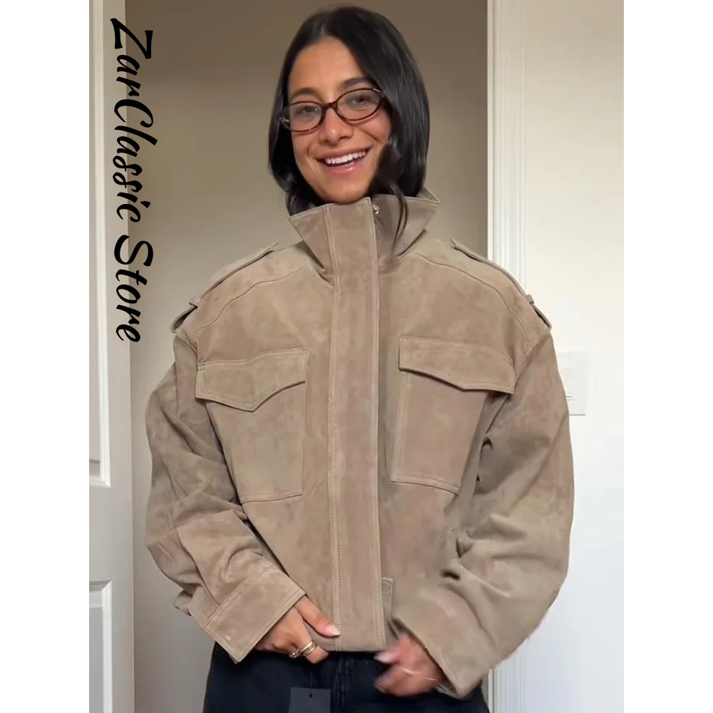 Vintage Women's Suede Bomber Jacket Loose Stand Collar Zipper Pockets Long Sleeve Female Coat 2025