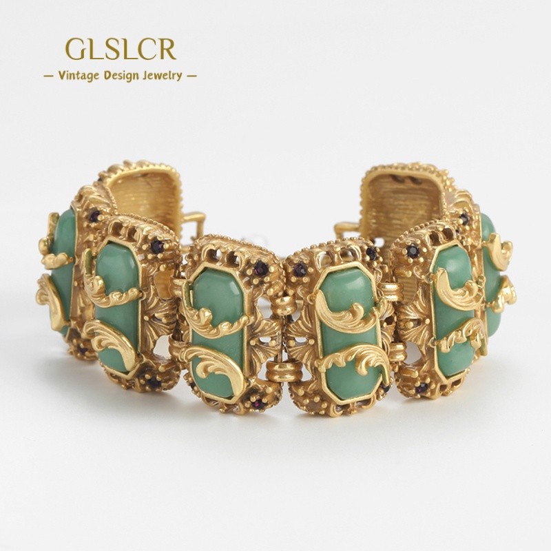 Vintage Jade Bracelet Natural 18k Gold Color For Women Wide Bangle Accessories Black Rhinestone