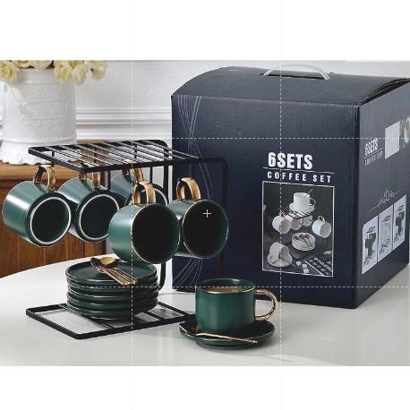Cangkir Set isi 6 / Cangkir set hijau list gold/ paket cangkir teh keramik dengan hanger