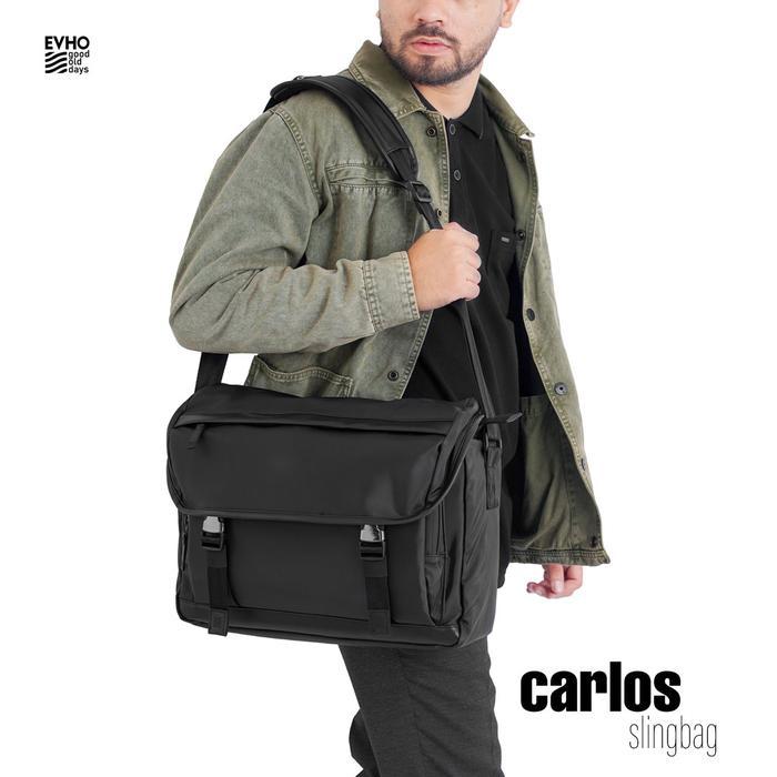 Evho - CARLOS Black Slingbag muat Laptop 14 inch I Messenger Bag Pria