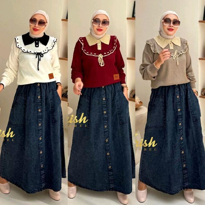 Dewinta Set By Irish Label Set Blouse Rajut Rok Jeans Oneset Stelan Rajut Rok Kancing Snowblack