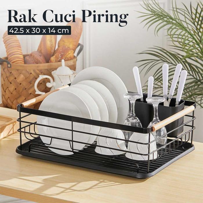 Rak Tirisan Pengering Cuci Piring Gelas Wastafel Anti Karat Dengan Gagang Kayu