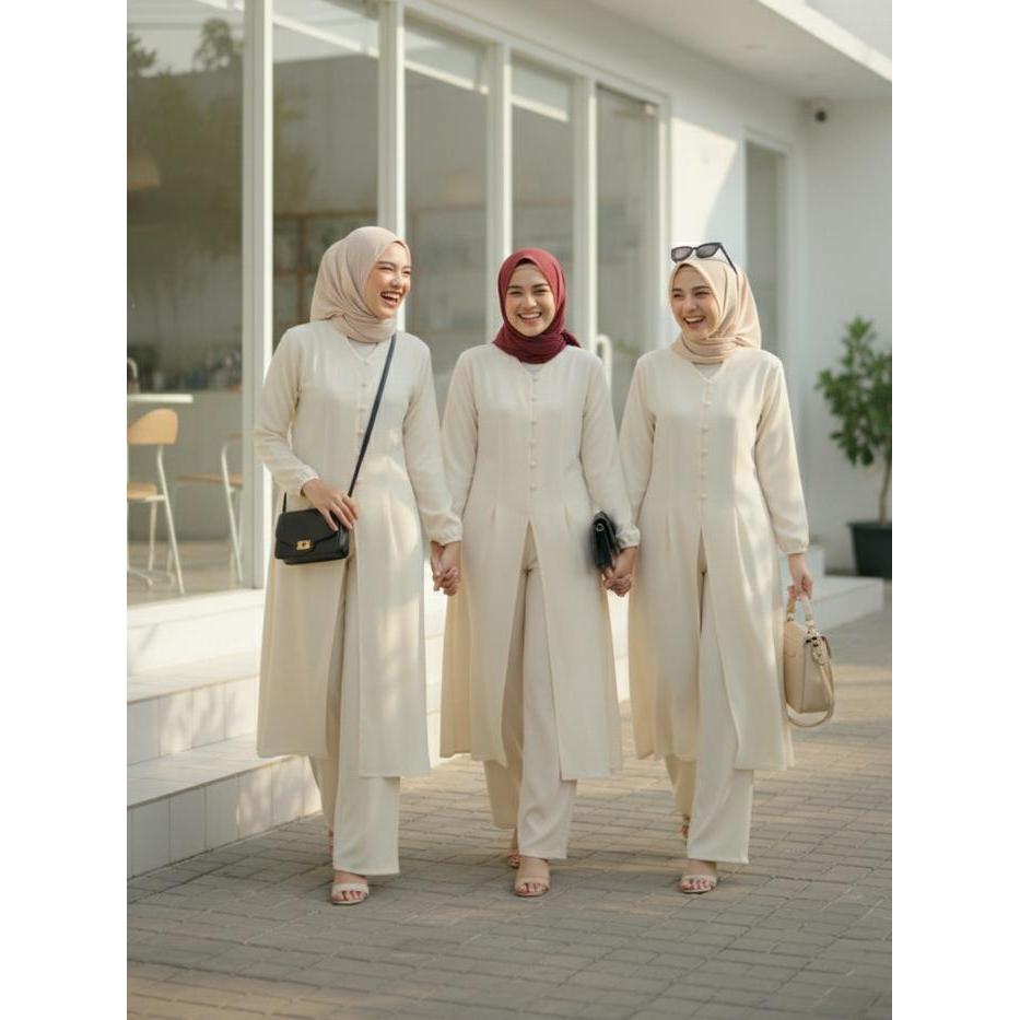 PREMIUM Baju Setelan Wanita Hijab Tunik Panjang dan Celana Kulot Muslimah Modern - Set Tunik Polos