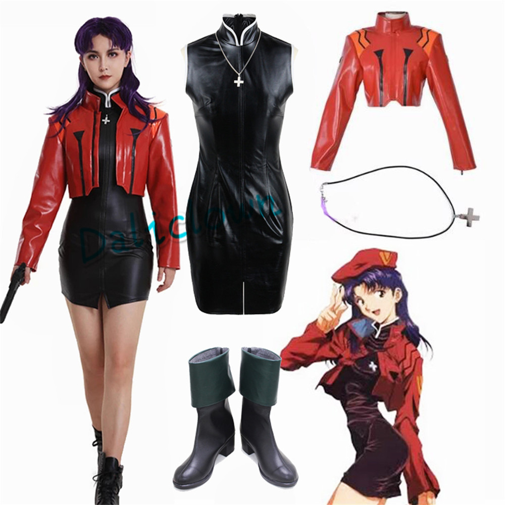 Katsuragi Misato Cosplay Custume With Wig Latex Jacket Dress Girl Bunny Suit Shoes Full Anime Eva