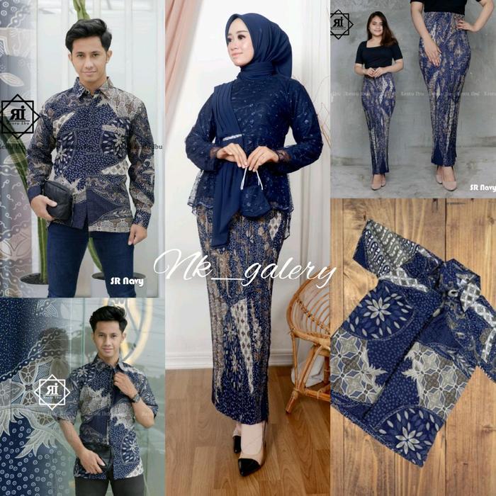 s7 Couple Kebaya Modern Navy Batik Saroja Navy- Baju Setelan Kebaya Payet Pasangan Sarimbit
