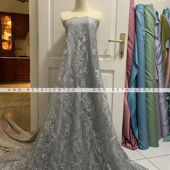 Kain Brokat Tile Full Payet Gracia Warna Silver Abu