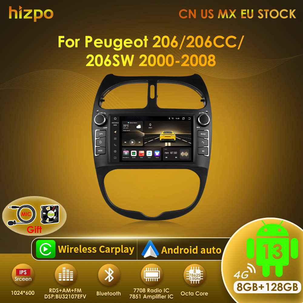 Hizpo 7862 2din Android 13 Car Radio For PEUGEOT 206 206CC 206SW 2000-2008 Auto Multimedia Player
