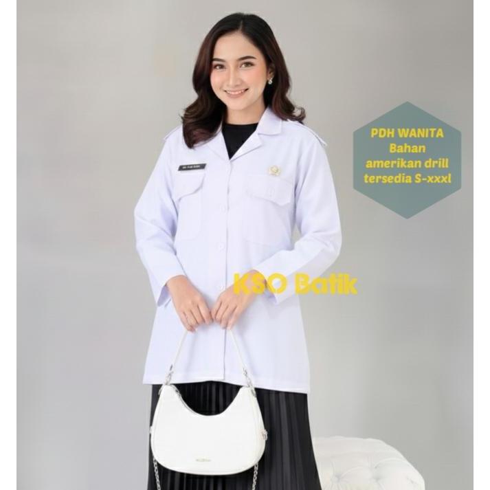 DISKON BLOUSE PDH PUTIH WANITA LENGAN PANJANG / SERAGAM GURU BLUS PPPK / BAJU WANITA ASN PUTIH /