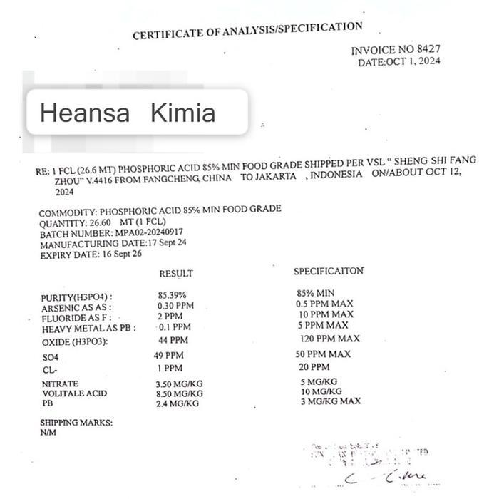 PHOSPHORIC ACID - ASAM FOSFAT 85% FOOD GRADE -H3PO4 - 1KG