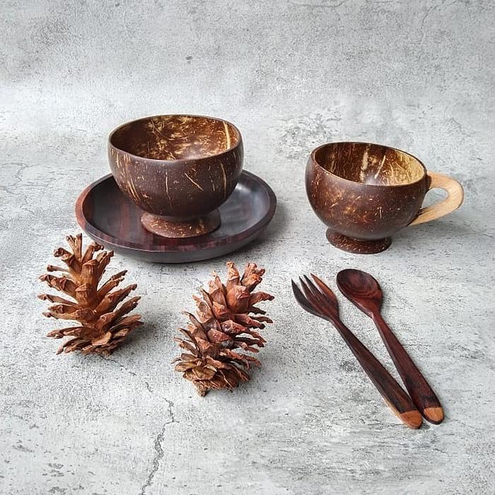 KURO SET - Piring Kayu/Gelas Batok Kayu/Sendok Kayu/Mangkok Batok kayu