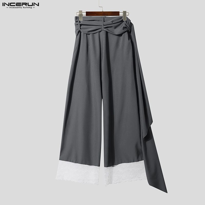 INCERUN Men Pants Lace Patchwork Button Casual Wide Leg Trousers Men With Belt Streetwear Loose