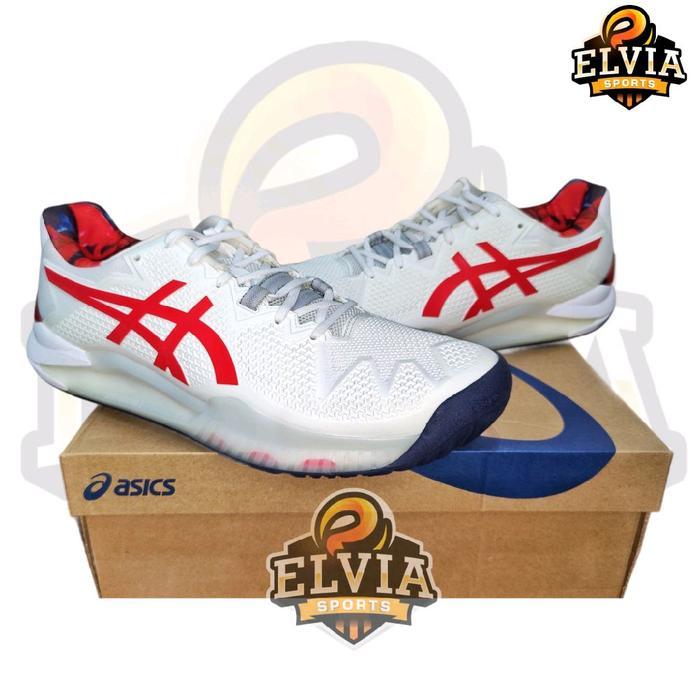 Sepatu tenis ASICS Gel Resolution 8 L.E. white-classic red original Termurah