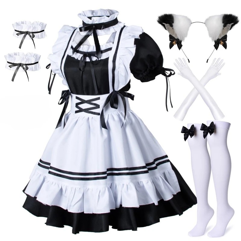 Black White Lolita Maid Costume Cosplay Costumes Cute Dress French Apron Uniform Cafe Maid Party