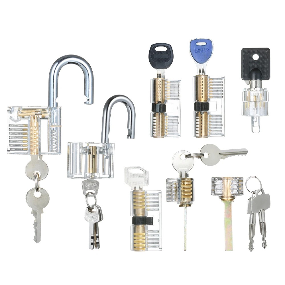 8 PCS Visible Practice Lock Set Transparent Padlock Tubular Lock Picking Training Locksmith Tools
