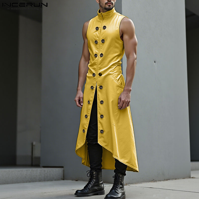 Incerun Men Long Style Vests Solid Color Double Breasted Casual Male Waistcoats High Street