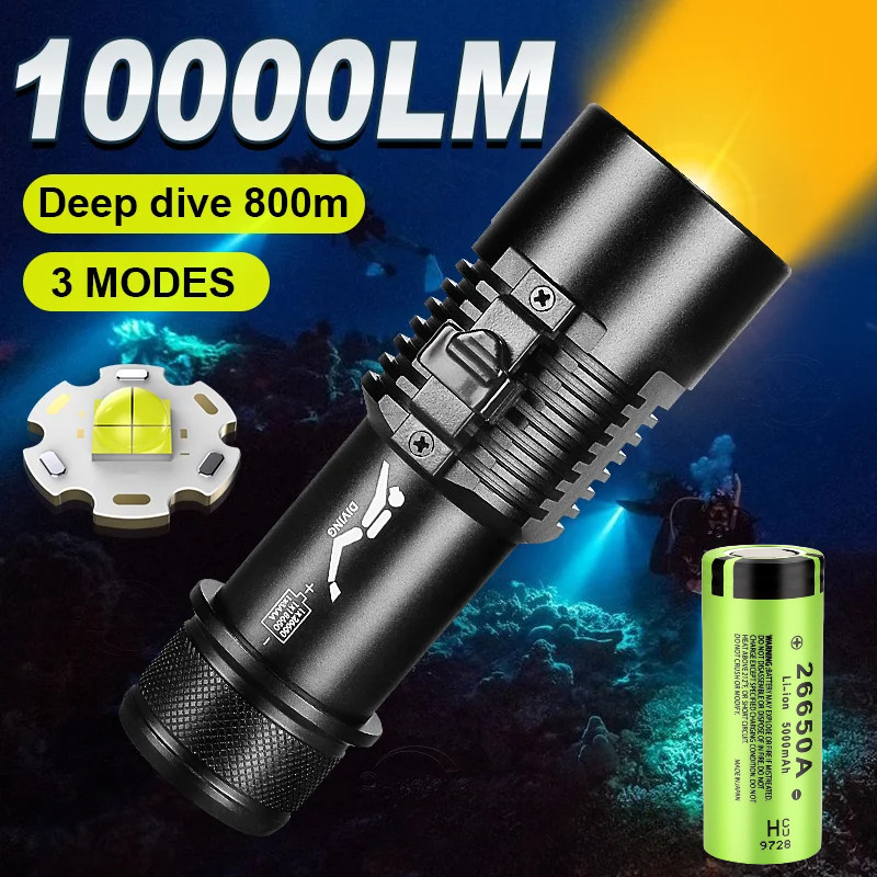 10000 Lumens Super Powerful Diving Flashlight XHP70 White/Yellow Light Underwater Lamps Scuba LED