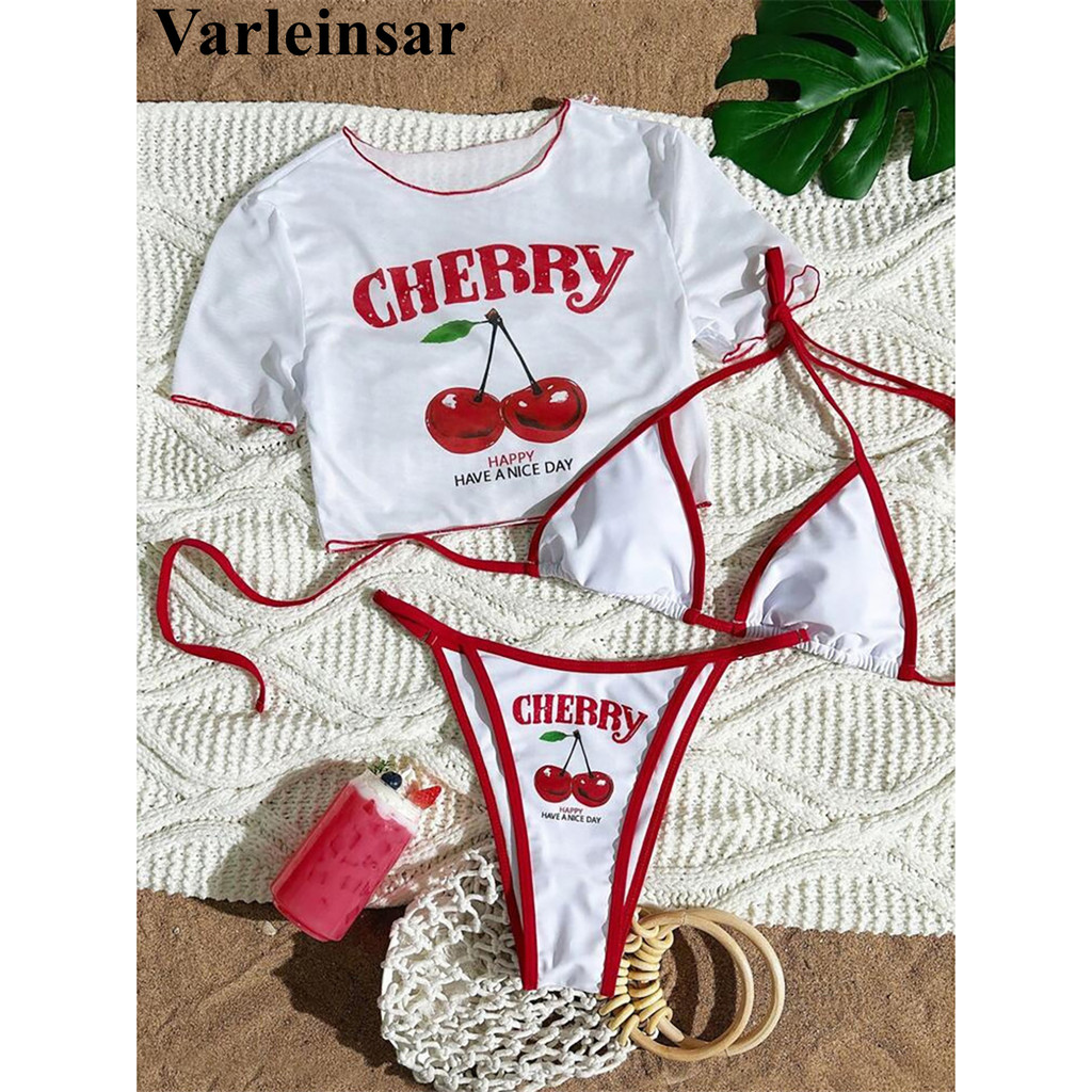 Xs - L Cherry Printed Sleeve Bikini Female Swimsuit Women Swimwear Three-Pieces Bikini Set Bather