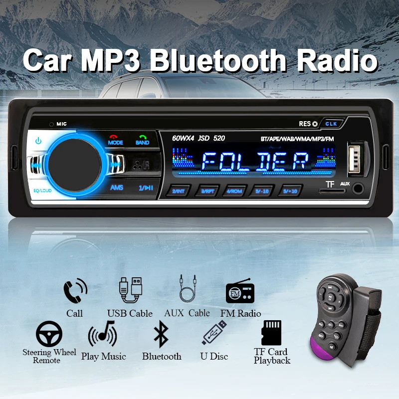 Car Radio 1 Din Stereo Player Digital Bluetooth Car Mp3 Player 60Wx4 Fm Radio Stereo Audio Music