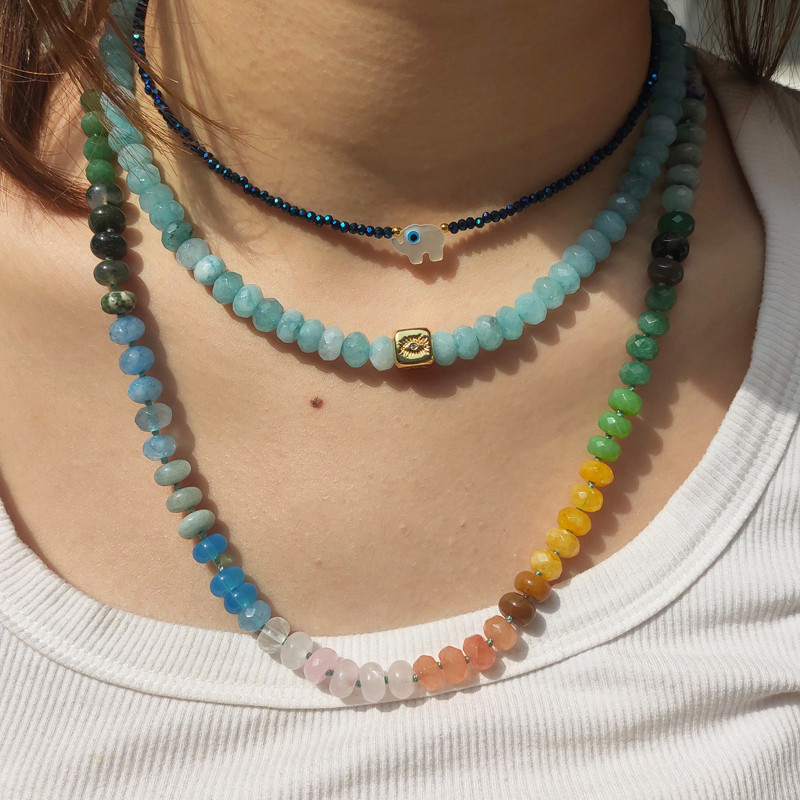 Man Women Boho Natural Stone Necklace Chalcedony Yellow Jade Pink Crystal Stone Mix And Match Blue