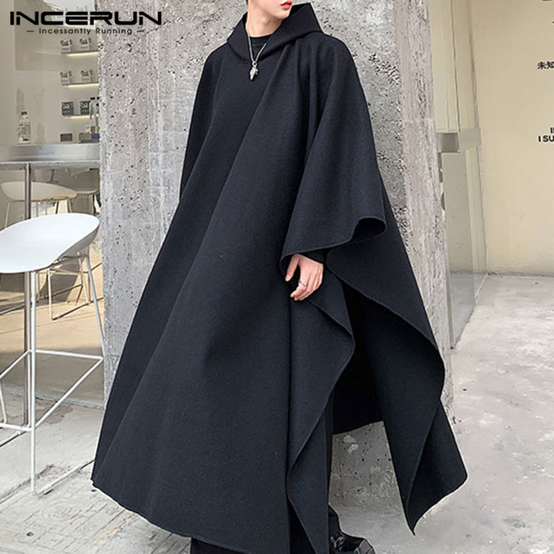 INCERUN Fashion Men Cloak Coats Solid Color Loose Hooded Streetwear 2025 Men Long Style Trench