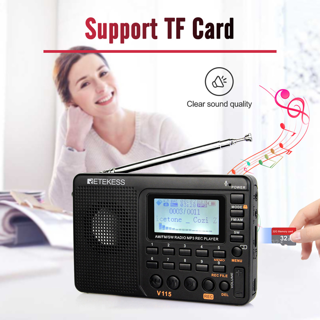 RETEKESS V115 RADIO FM AM SW PORTABLE RADIOS RECHARGEABLE RADIO BATTERIES MULTIPLE BANDS USB