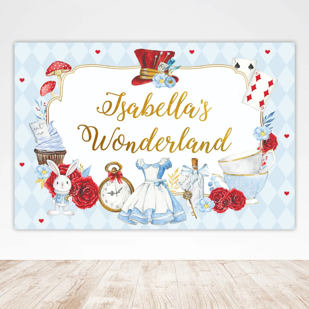 Customize Name Alice in Wonderland Backdrop Banner Girl Blue 1st Birthday Mad Tea Party Decoration